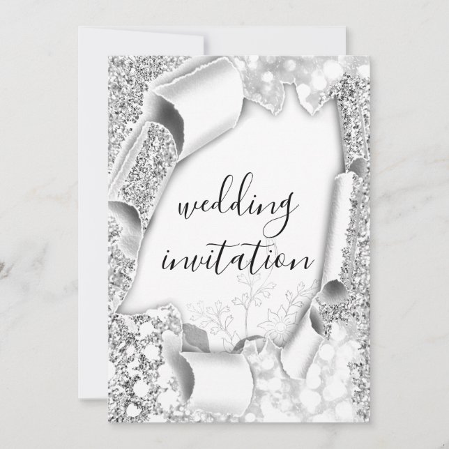 Wedding 3D Cart Effect White  Frame Florals Silver Invitation (Front)