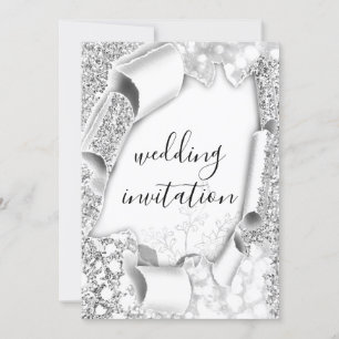 Wedding 3D Cart Effect White Frame Florals Silver Invitation