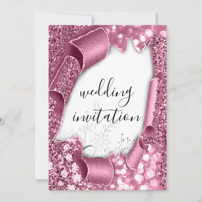 Wedding 3D Cart Effect White Rose Glitter Floral Invitation (Front)