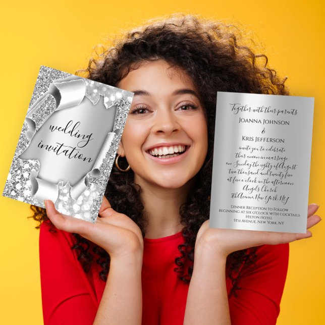 Wedding 3D Effect Elegant Grey Silver Glitter Invitation (Wedding 3D Effect Elegant Gray Silver Glitter Invitation)