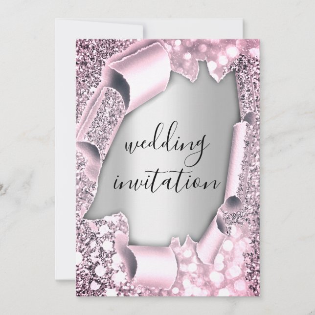 Wedding 3D Effect Elegant Pink  Silver Glitter Invitation (Front)