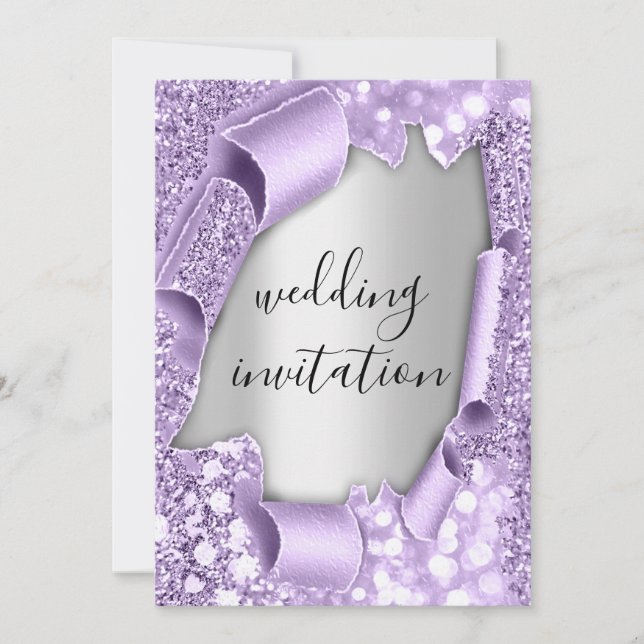 Wedding 3D Effect Elegant Purple  Silver Glitter Invitation (Front)