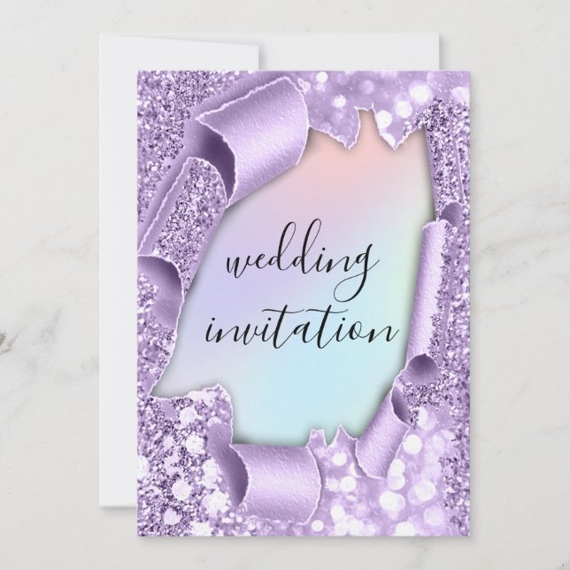 Wedding 3D Effect Elegant Violet Holograph Glitter Invitation (Front)