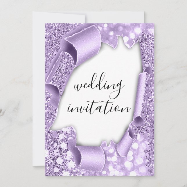 Wedding 3D Effect Elegant White Purple Glitter Invitation (Front)
