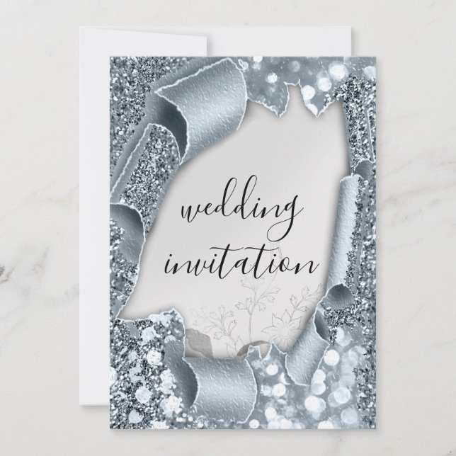 Wedding 3D Effect Frame Florals Silver Smoky Blue Invitation (Front)