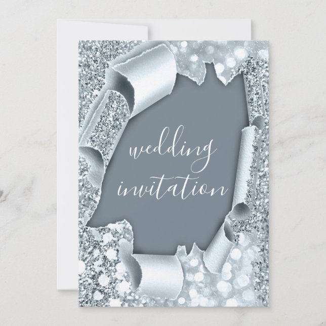 Wedding 3D Effect Glitter Smoky Blue Glam Invitation (Front)