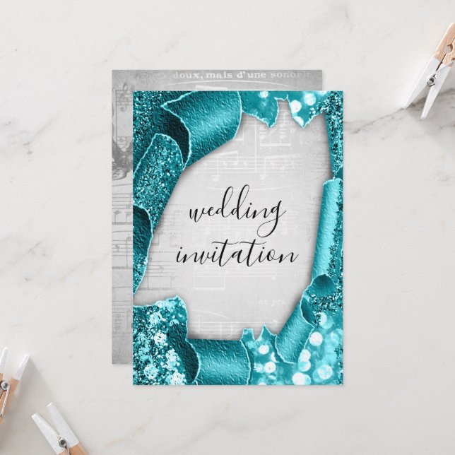 Wedding 3D Effect Silver Grey Teal Music  Invitation (Front/Back In Situ)