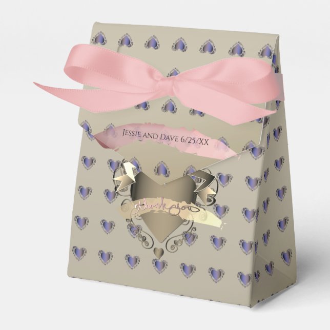 Wedding 3D Old Gold Hearts "Thank you" Favour Box (Front Side)