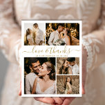 Wedding 5 Photo Collage Love and Thanks Thank You  Postcard<br><div class="desc">Elegant, Minimalist Gold Script Wedding 5 Photo Collage Thank You Postcard. Modern wedding thank you card template featuring five (5) photo on the front and one (1) photo on the back. With the text "Love and thanks" in a swirly hand lettered typography script font in gold on white background colour....</div>