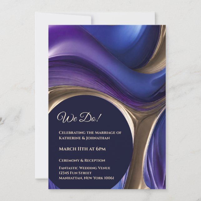 Wedding-Abstract Fluid Art-Blue Purple and Gold- Invitation (Front)