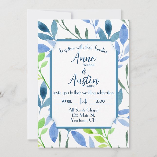 Wedding Abstract Watercolor Leaves Invitation (Front)