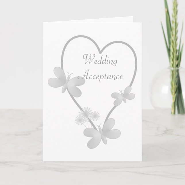 Wedding Acceptance Silver Heart Butterflies Thank You Card (Front)