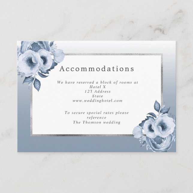 Wedding accommodations dusty blue florals white enclosure card (Front)