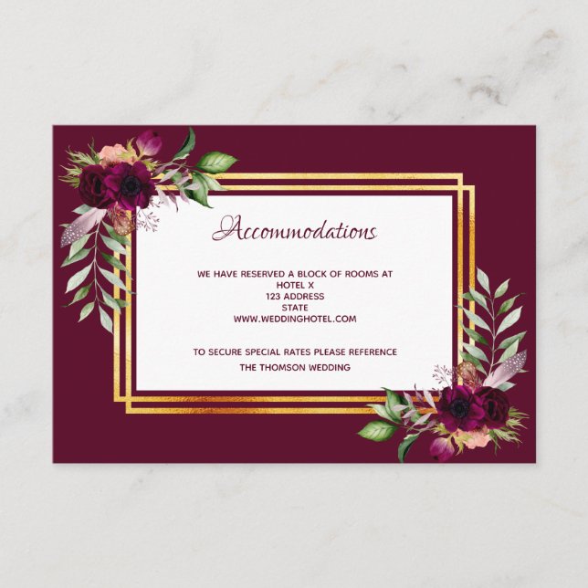 Wedding accommodations floral burgundy boho enclosure card (Front)