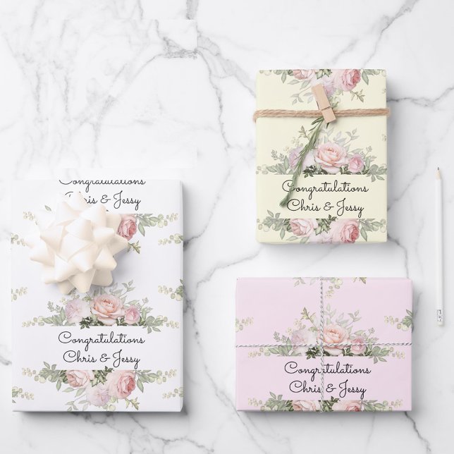 Wedding Add Names Soft Pink Roses 3 Gift Wrapping Paper Sheet (Creator Uploaded)