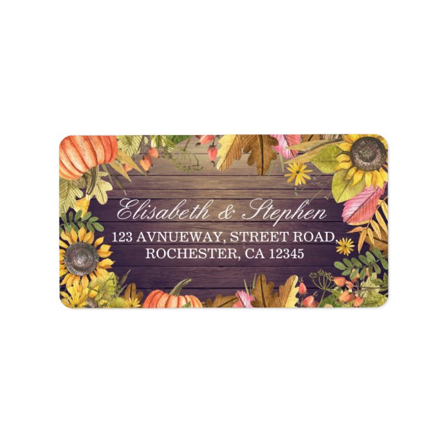 Wedding Address Autumn Maple Leaves Pumpkins Wood Label (Front)