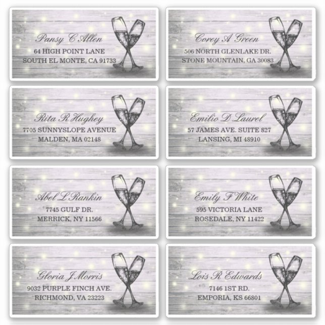 Wedding Address Champagne Glass Wood String Lights (Front)