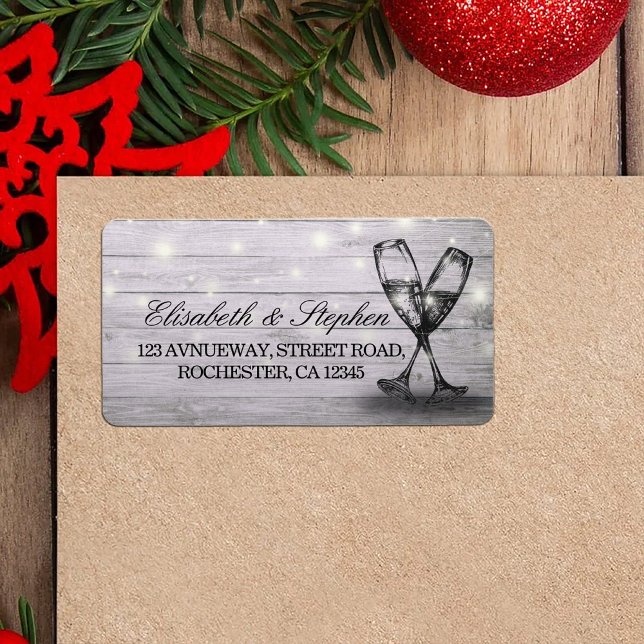 Wedding Address Champagne Glass Wood String Lights Label (Creator Uploaded)
