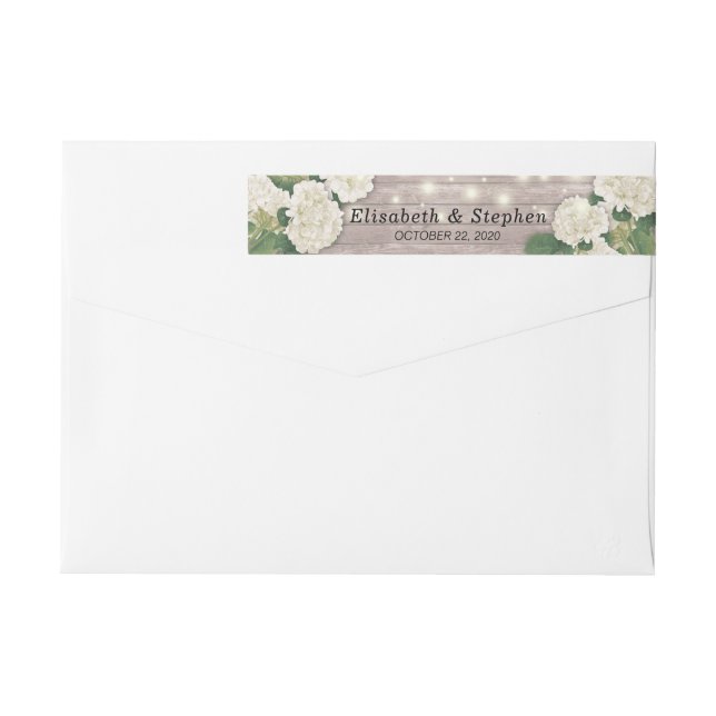 Wedding Address Hydrangea Flower Wood String Light Wrap Around Label (Back)