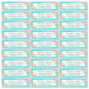 Wedding Address Label Modern Pink Floral Teal Gold