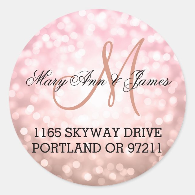 Wedding Address Rose Blush Pink Glitter Lights Classic Round Sticker (Front)