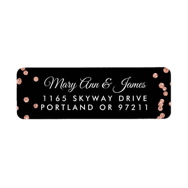 Wedding Address Rose Gold Glitter Confetti Black (Front)