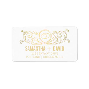 Wedding Address Vintage Heart Swirls Gold Label