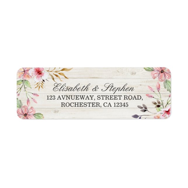 Wedding Address Watercolor Pink Flower Rustic Wood (Front)