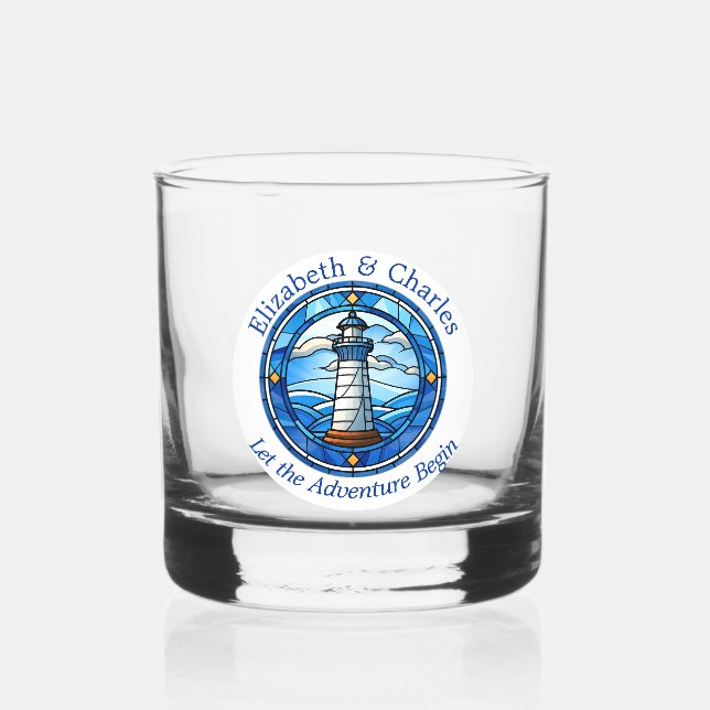 Wedding Adventure Lighthouse Sailing Nautical Whiskey Glass (Front)