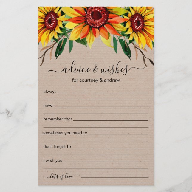 Wedding Advice and Wishes Rustic Sunflowers  (Front)