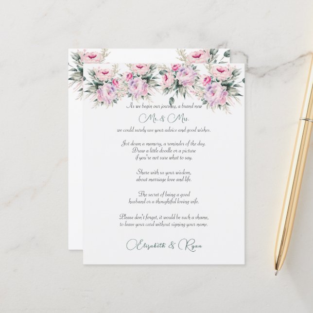 Wedding Advice Well Wishes Pink Peonies (Front/Back In Situ)