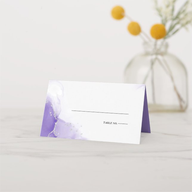 Wedding | Amethyst Purple Script Silver  Place Car Card (Front)