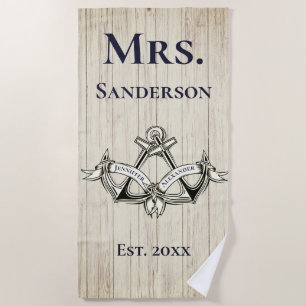 Wedding Anchor Mrs Navy Blue Nautical Monograms Beach Towel