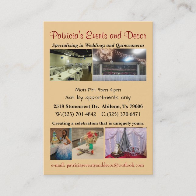 Wedding and Quinceanera decorator Business Card (Front)