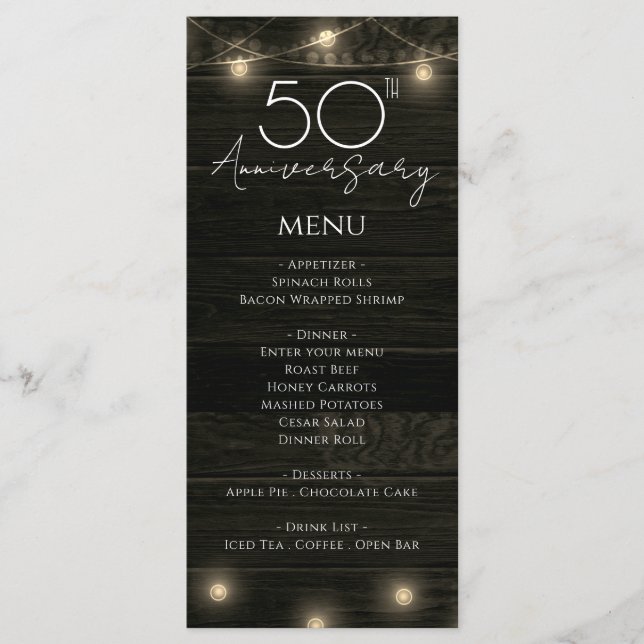 Wedding Anniversary 50th Rustic Wood and Lights Menu (Front)