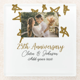 Wedding Anniversary add name year image gold stars Glass Coaster