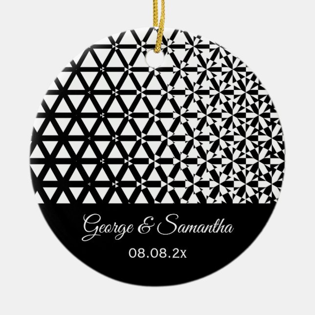 Wedding Anniversary Black White Geometric Ceramic Tree Decoration (Front)