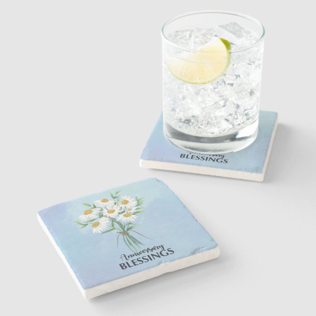 Wedding Anniversary Blessings Bouquet of Daisies Stone Coaster (Side)