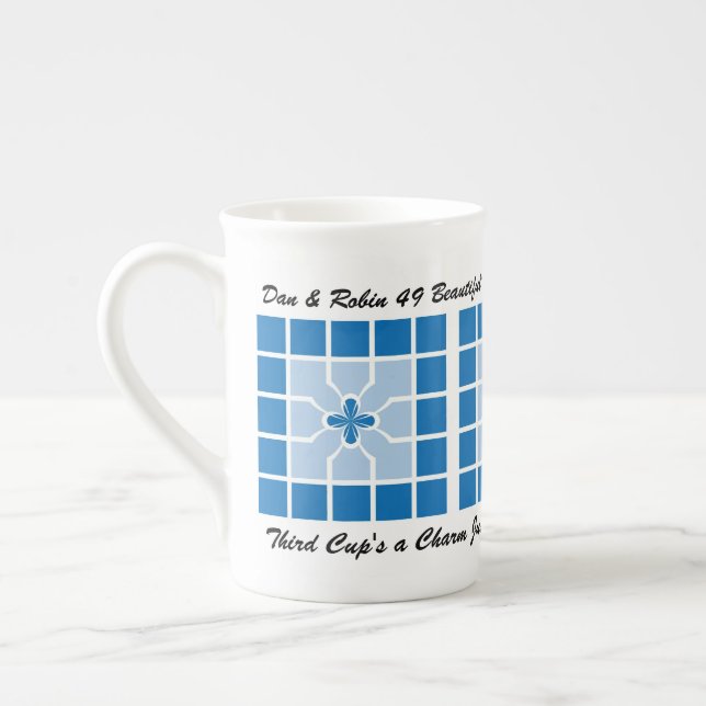 Wedding Anniversary Blue Geometric With Name Bone  China Mug (Left)