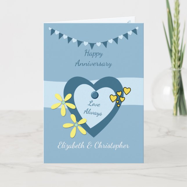 Wedding Anniversary blue with hearts greeting Card (Front)
