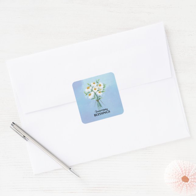 Wedding Anniversary Bouquet of Daisies Blessings  Square Sticker (Envelope)