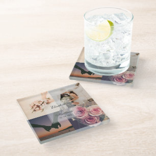 Wedding Anniversary Bride and Groom Photo Collage Glass Coaster