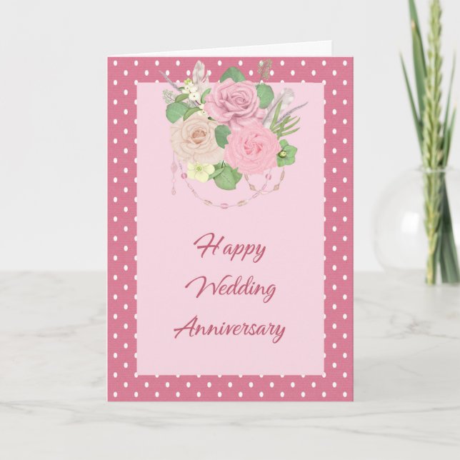 Wedding Anniversary Card Pink with Flowers & Dots (Front)