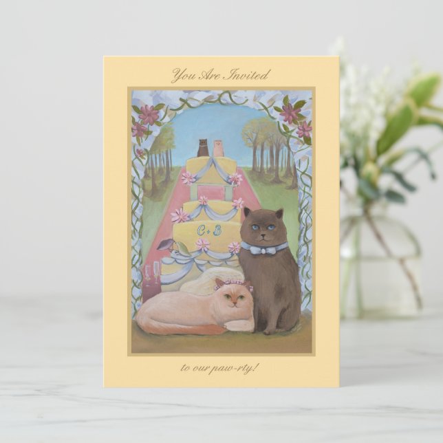  Wedding Anniversary Cat Couple Yellow Invitation (Standing Front)