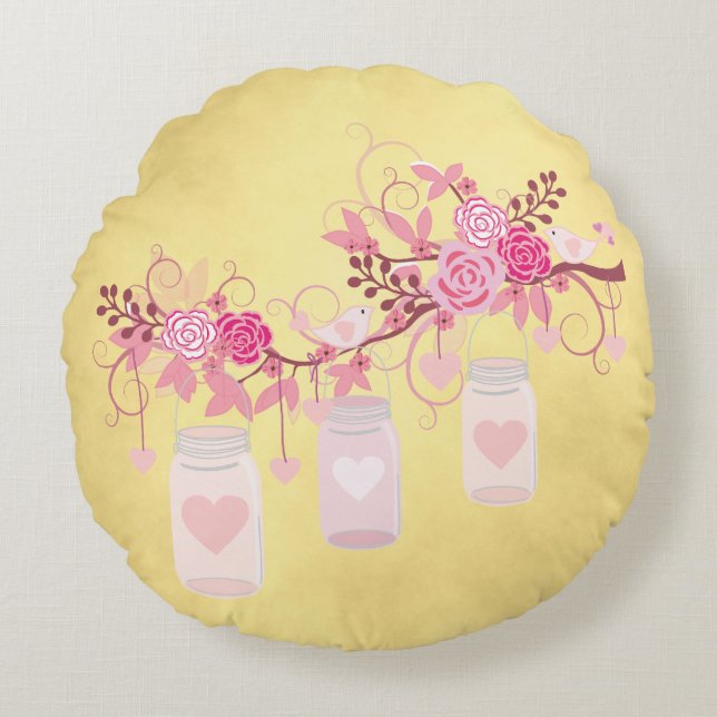 Wedding Anniversary Gift Gold and Pink Round Cushion (Front)