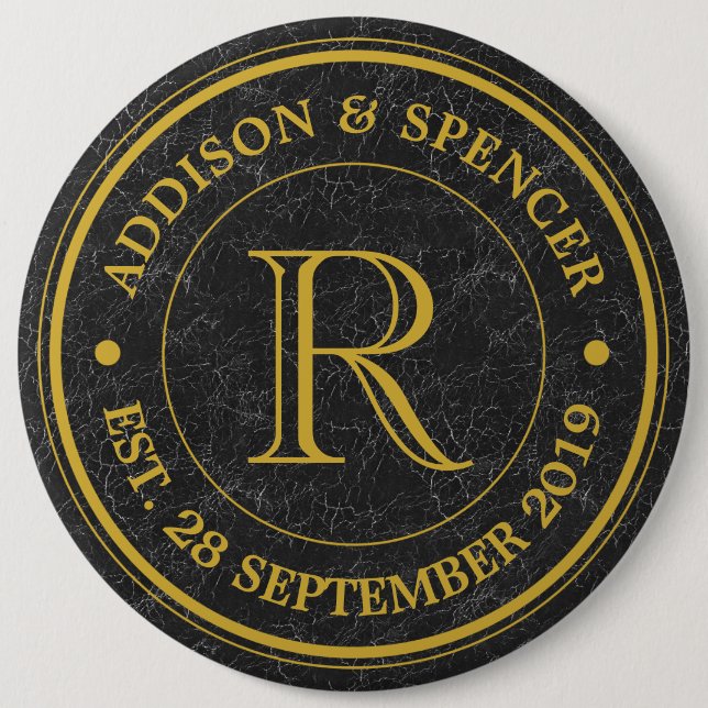 Wedding Anniversary Gold Monogram Black Leather 6 Cm Round Badge (Front)