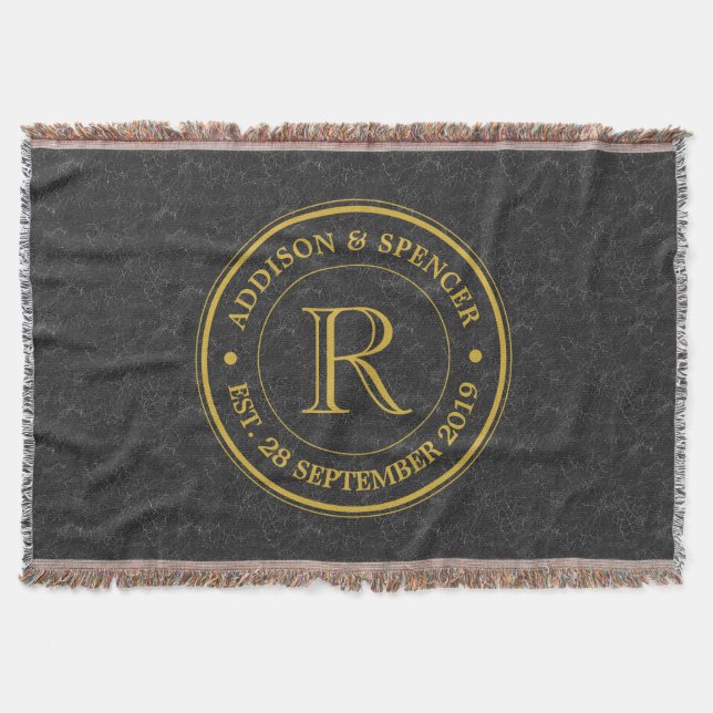 Wedding Anniversary Gold Monogram Black Leather Throw Blanket (Front)