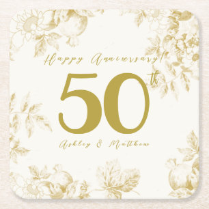 Wedding Anniversary golden vintage custom script Square Paper Coaster