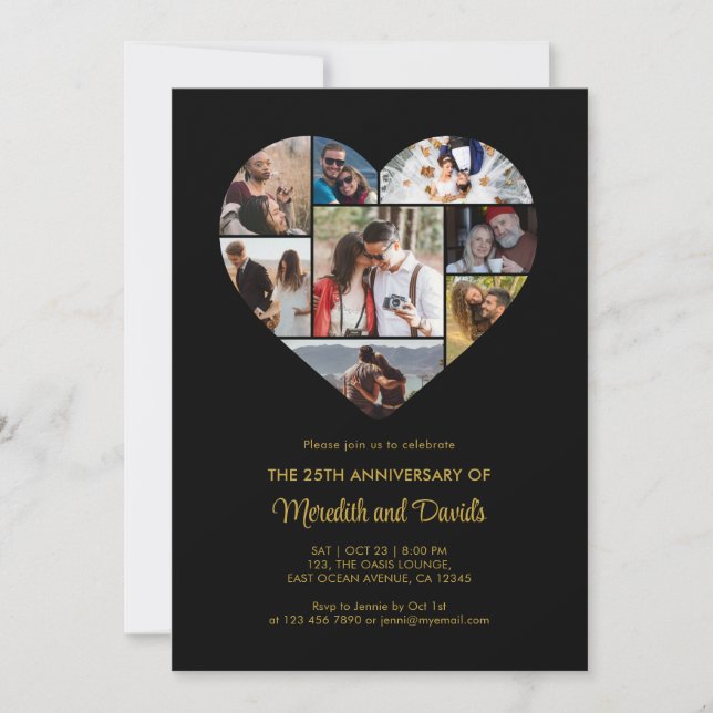 Wedding Anniversary Heart Photo Collage Black Invitation (Front)
