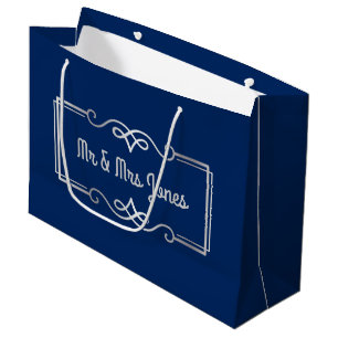 Wedding Anniversary Monogram Silver Navy Blue Large Gift Bag